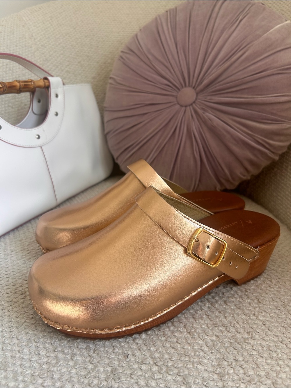 Anthropologie Metallic Rose Gold Clog Mules
